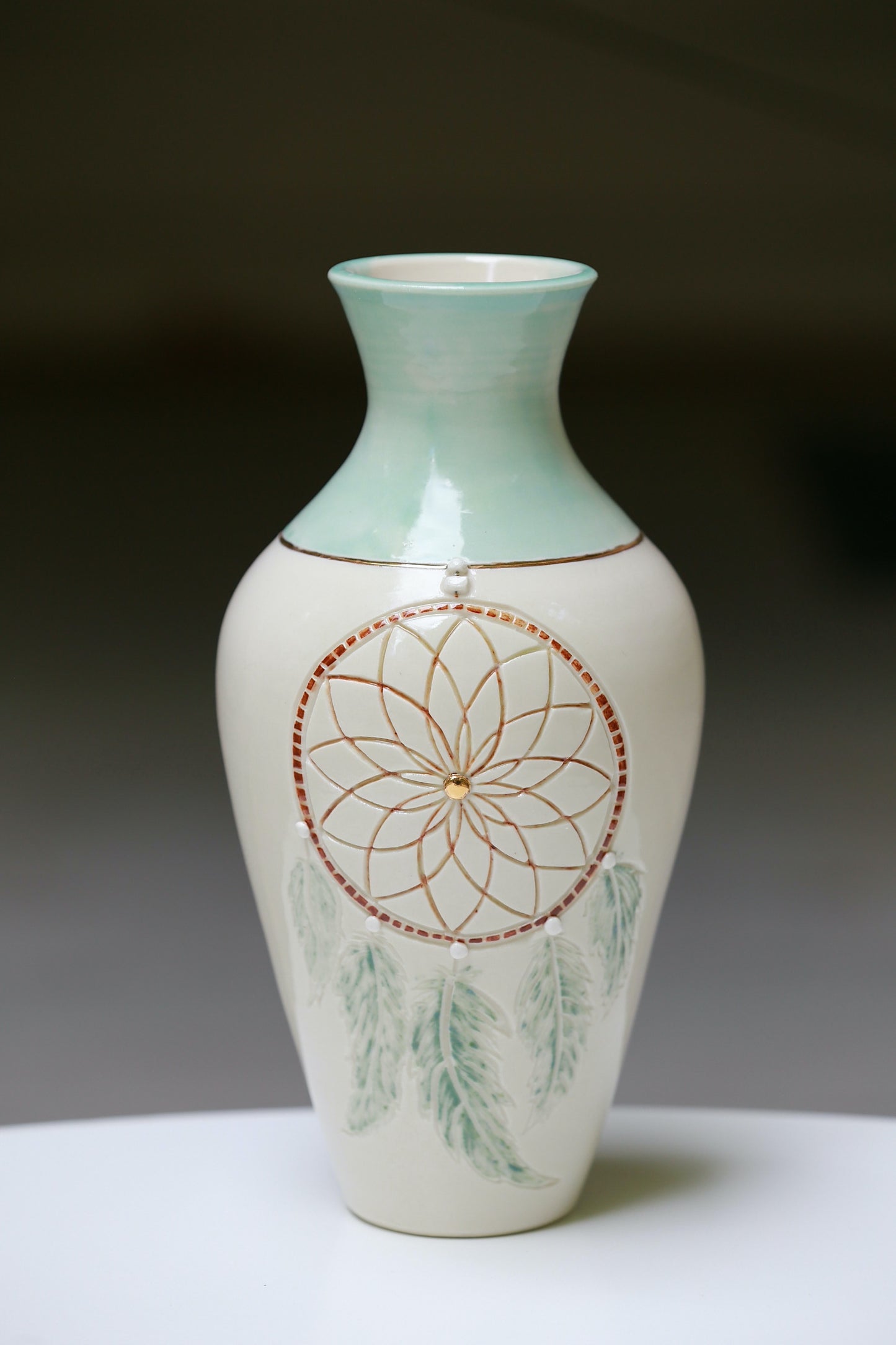 Dreamcatcher Porcelain Vase w/ 22 K Gold, handmade vase