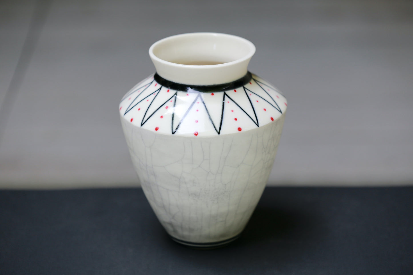 Porcelain vase with geometric lines, crackled vase, black and white vase