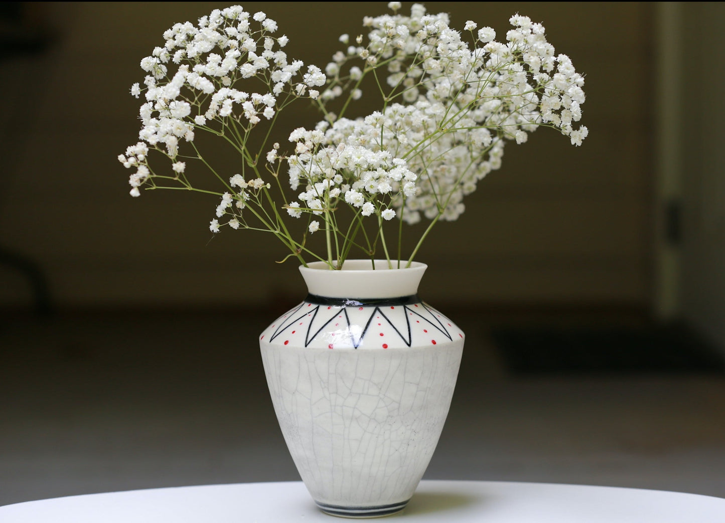 Porcelain vase with geometric lines, crackled vase, black and white vase