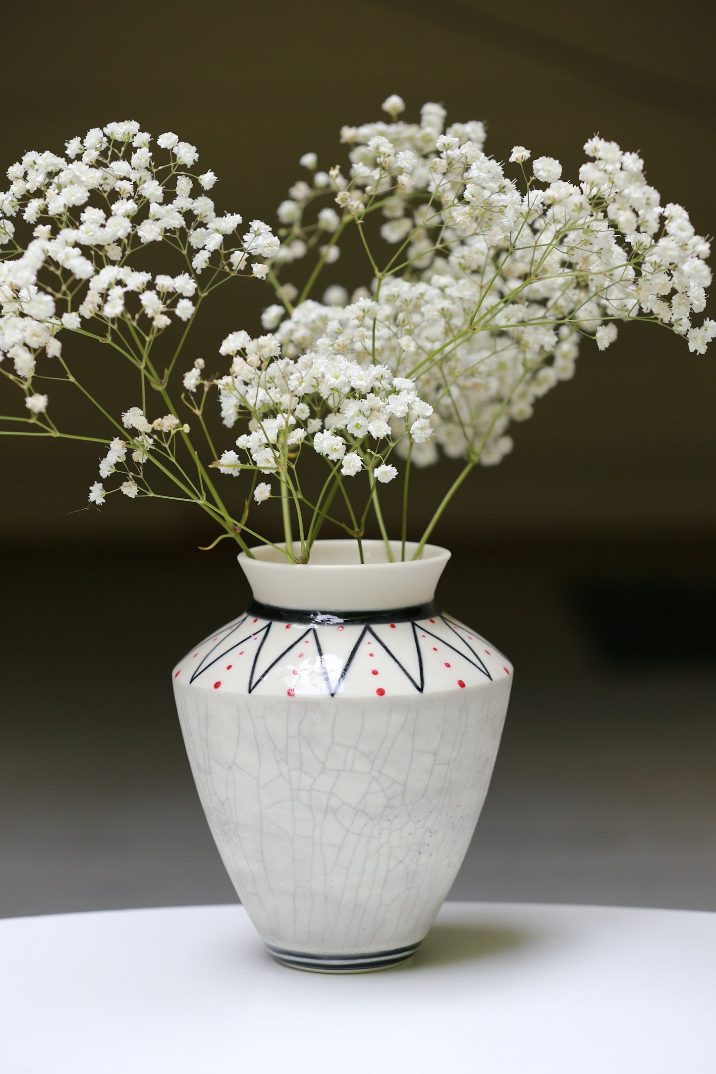 Porcelain vase with geometric lines, crackled vase, black and white vase