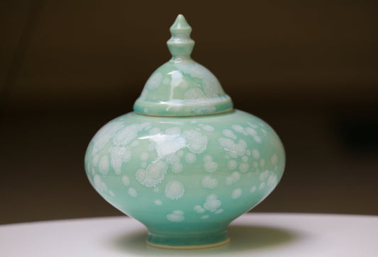 Turquoise Porcelain jar with white crystals, handmade jar, manifestation jar