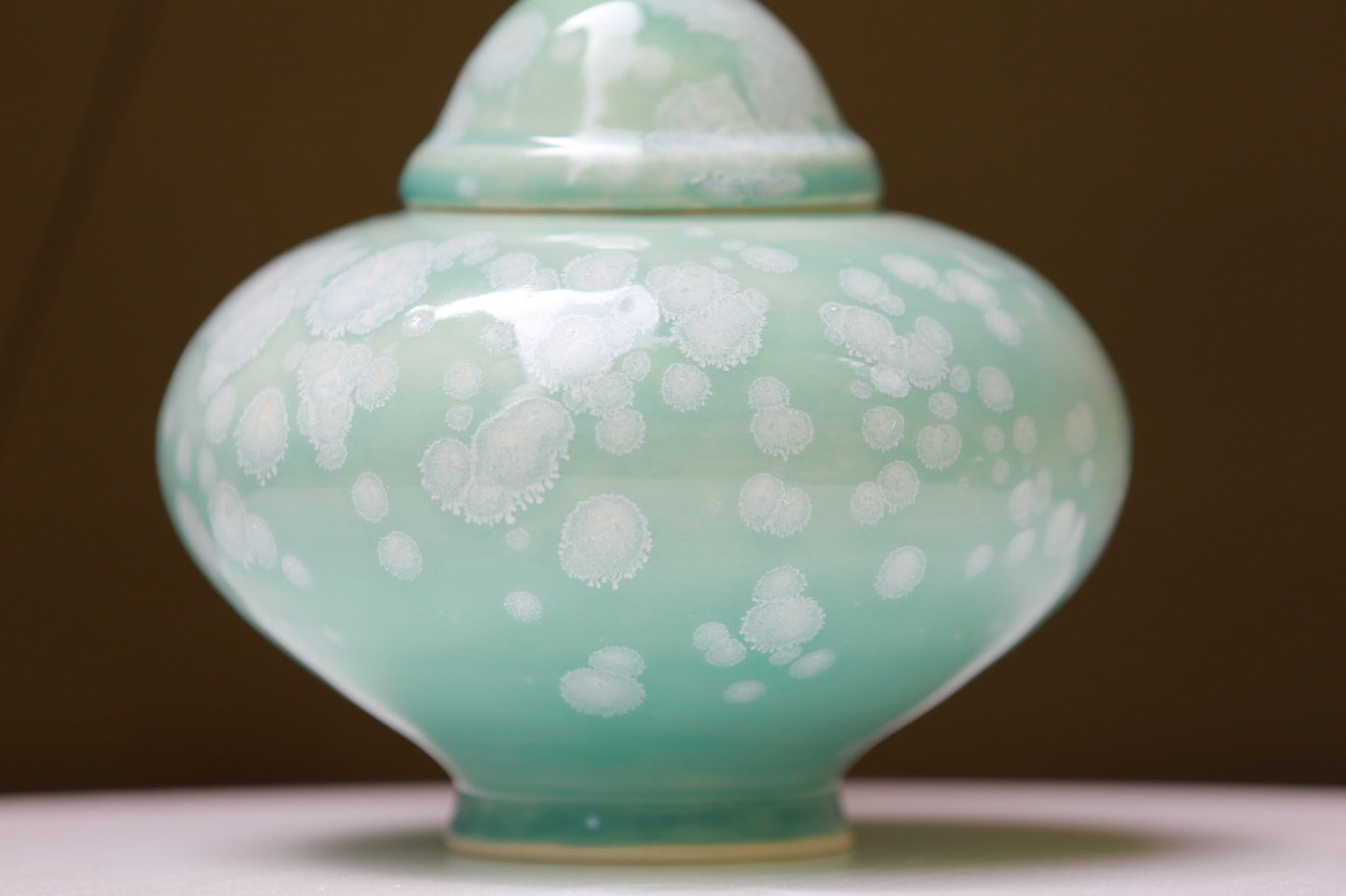 Turquoise Porcelain jar with white crystals, handmade jar, manifestation jar