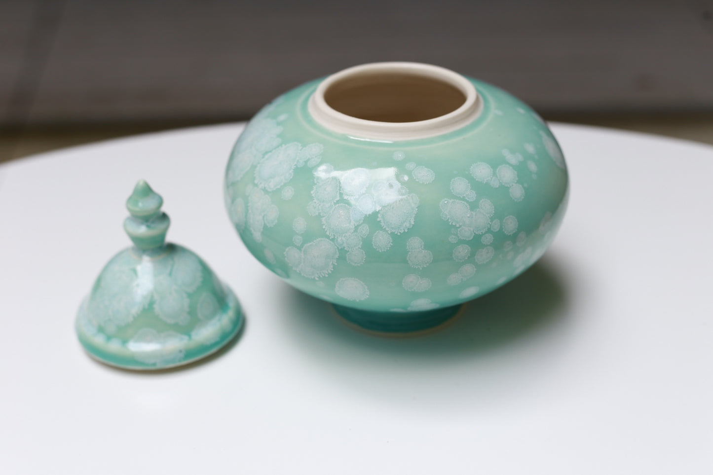 Turquoise Porcelain jar with white crystals, handmade jar, manifestation jar