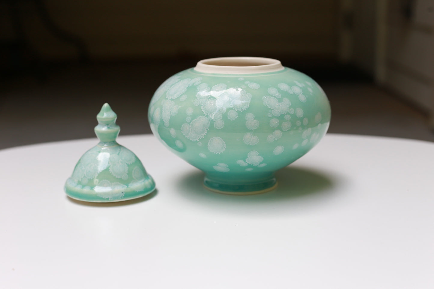 Turquoise Porcelain jar with white crystals, handmade jar, manifestation jar