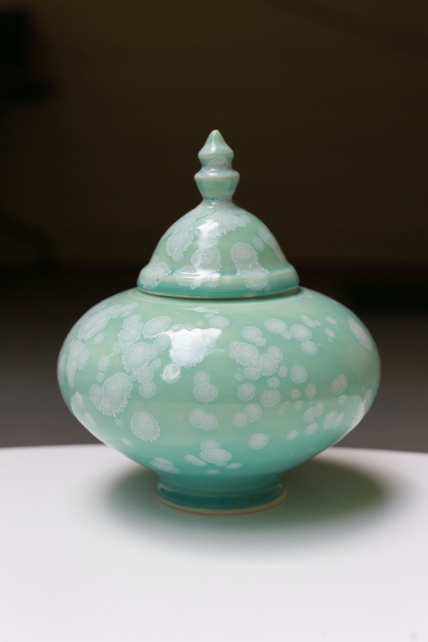 Turquoise Porcelain jar with white crystals, handmade jar, manifestation jar