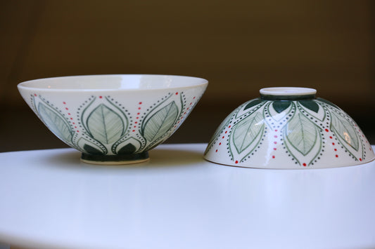 Porcelain bowl with green red mandala, handmade bowl