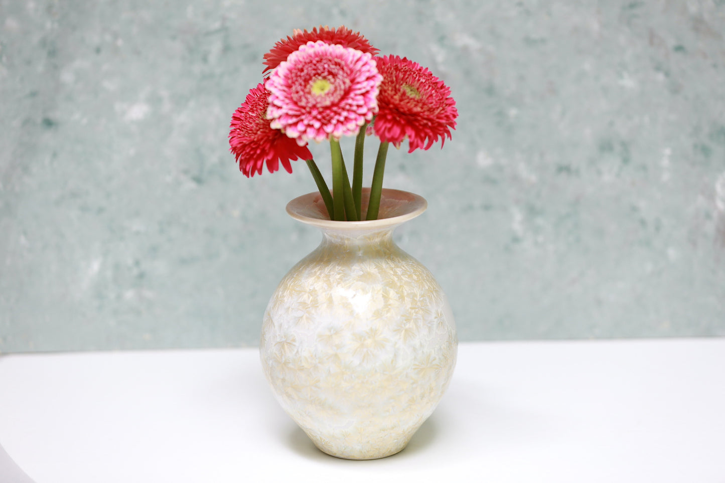 Round Porcelain Vase with Flat Top in Lavender and Gold Crystals