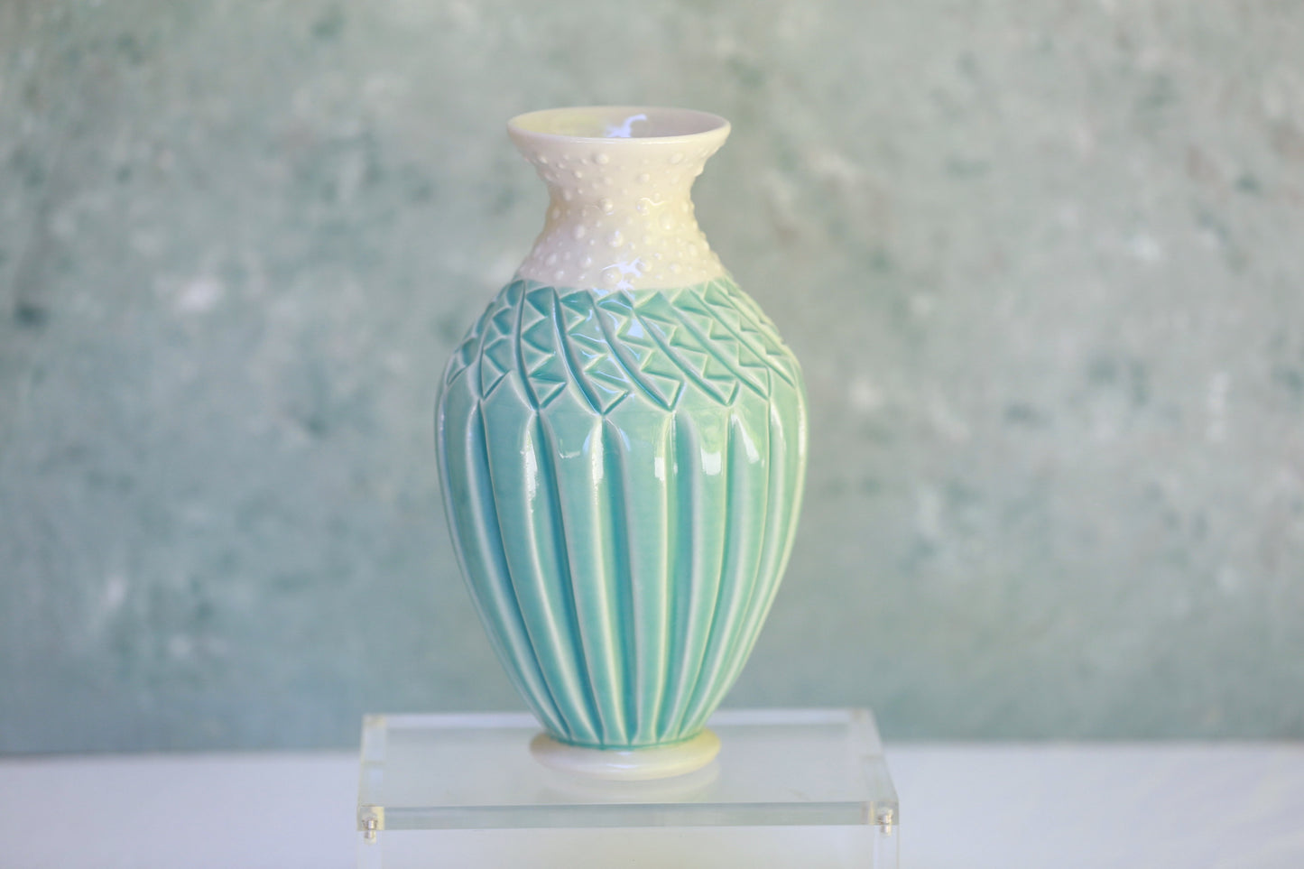 Porcelain Vase with Deep Carvings and Dots in Turquoise and White