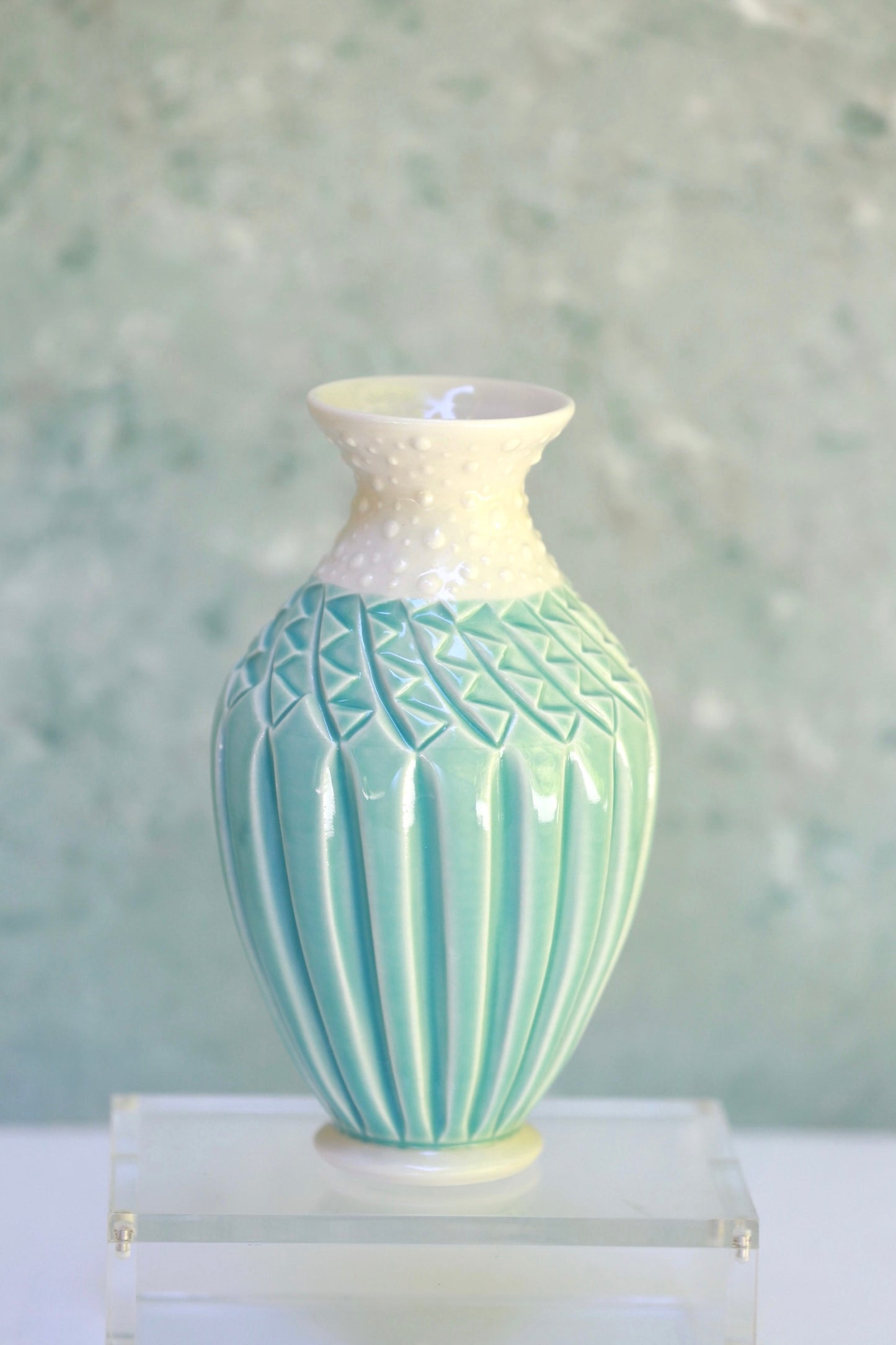 Porcelain Vase with Deep Carvings and Dots in Turquoise and White