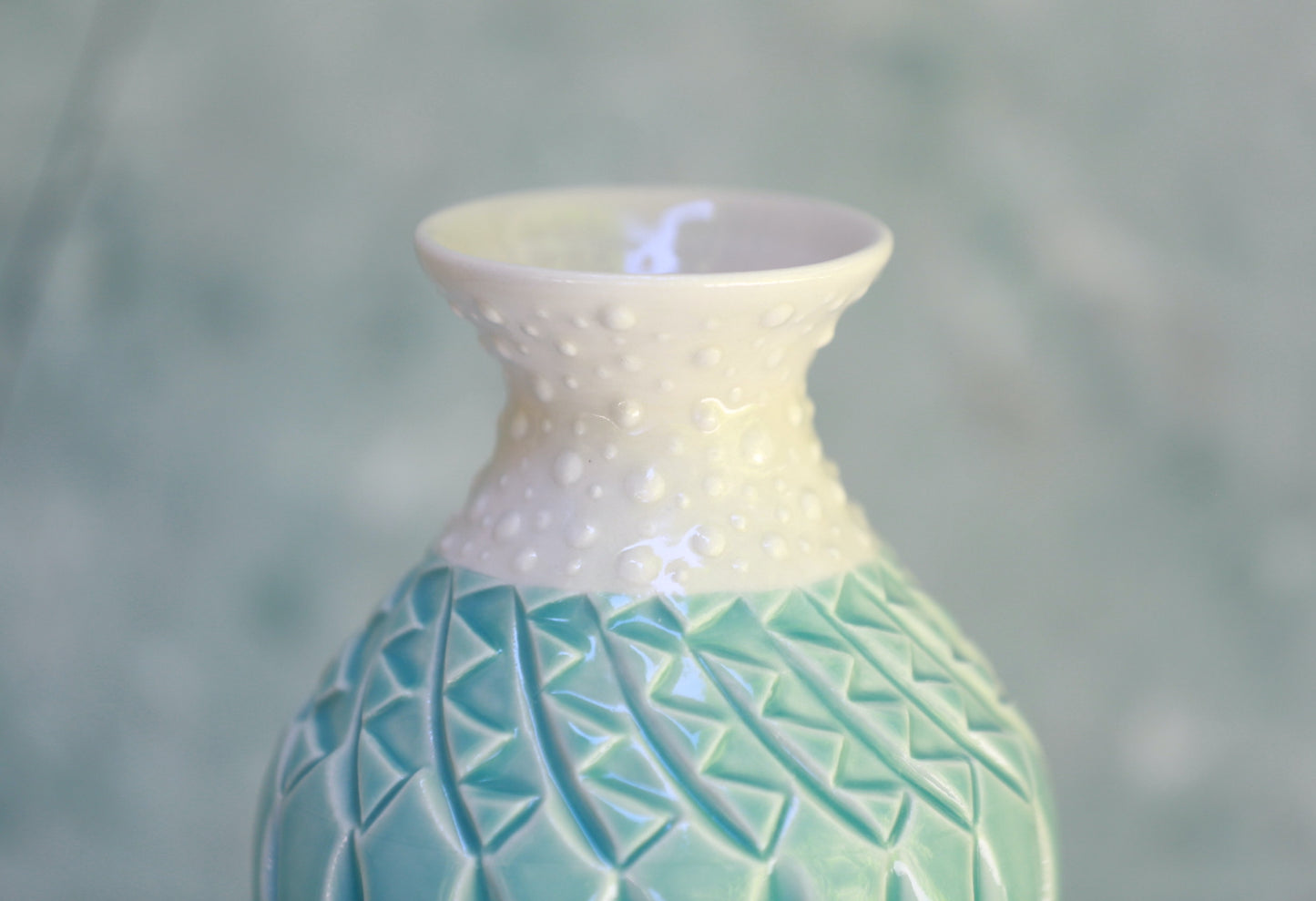 Porcelain Vase with Deep Carvings and Dots in Turquoise and White