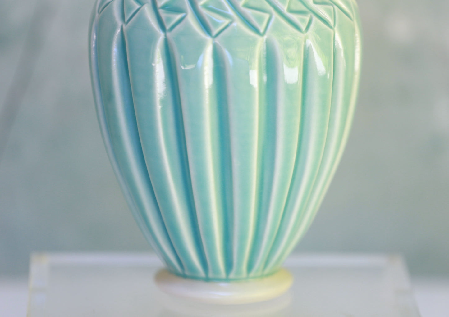 Porcelain Vase with Deep Carvings and Dots in Turquoise and White