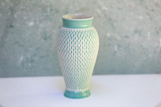 Tall Porcelain Vase with Geometric Carvings in Turquoise