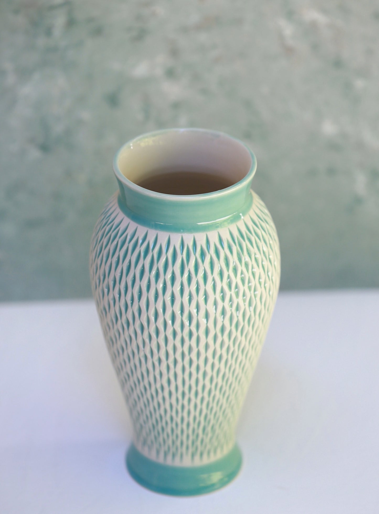 Tall Porcelain Vase with Geometric Carvings in Turquoise