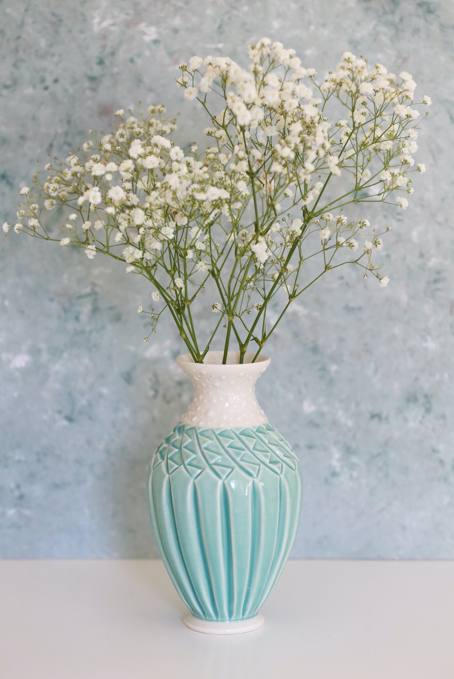 Porcelain Vase with Deep Carvings and Dots in Turquoise and White