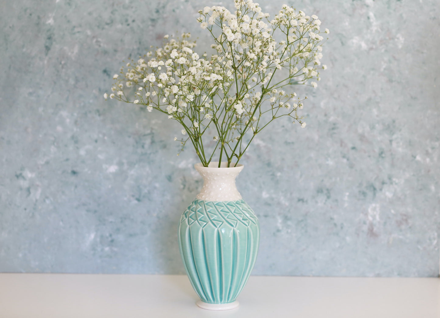 Porcelain Vase with Deep Carvings and Dots in Turquoise and White