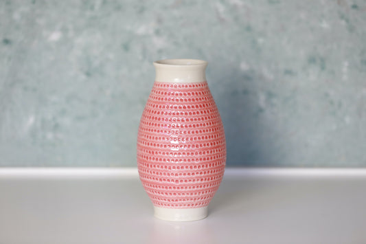 Porcelain Vase with Circle carvings in Coral and White