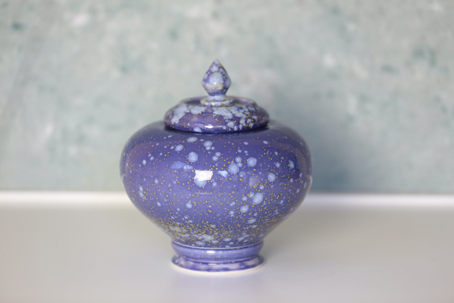 Large Porcelain Jar / Urn in Purple Blue with White Yellow Crystals