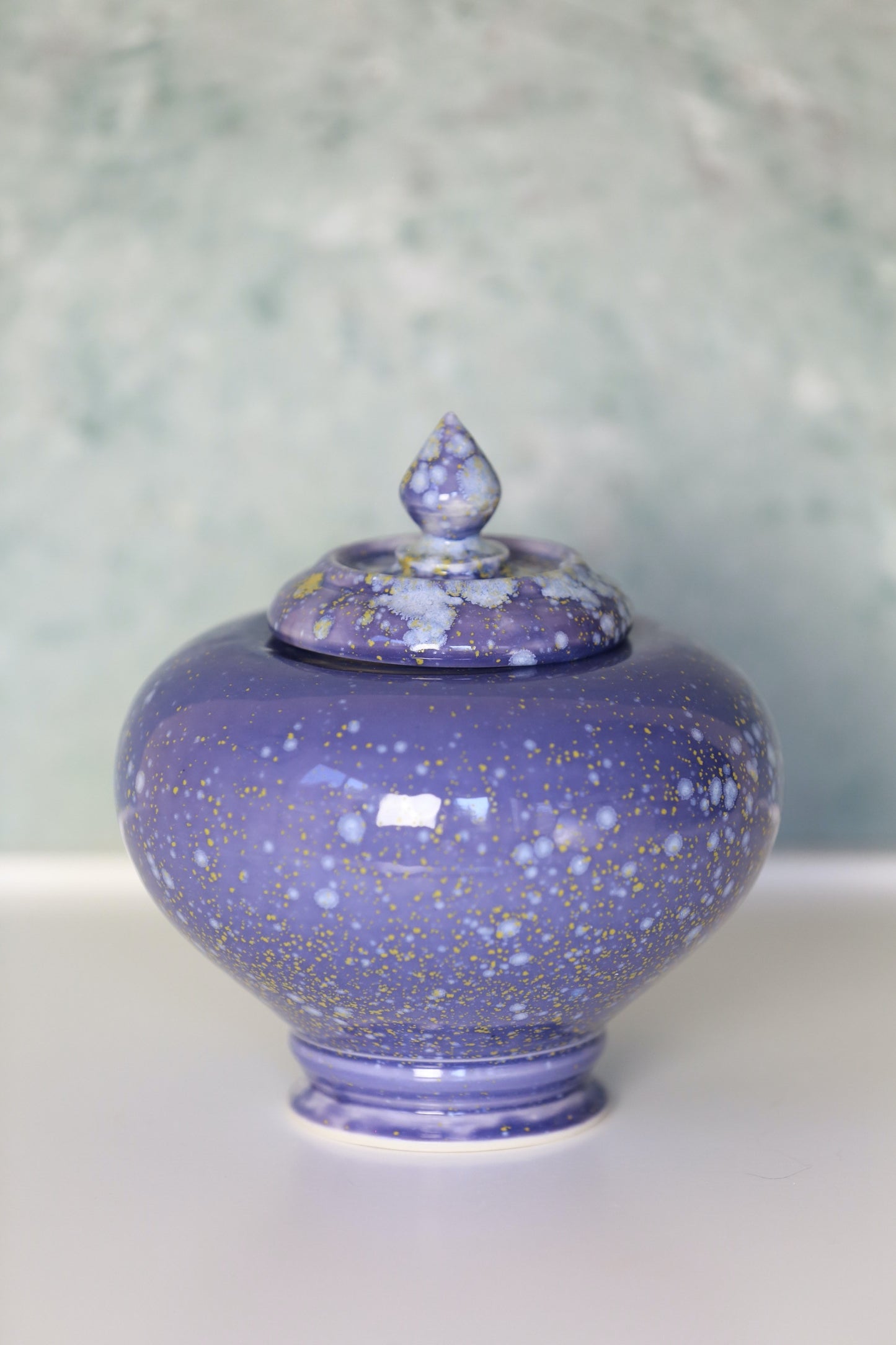 Large Porcelain Jar / Urn in Purple Blue with White Yellow Crystals