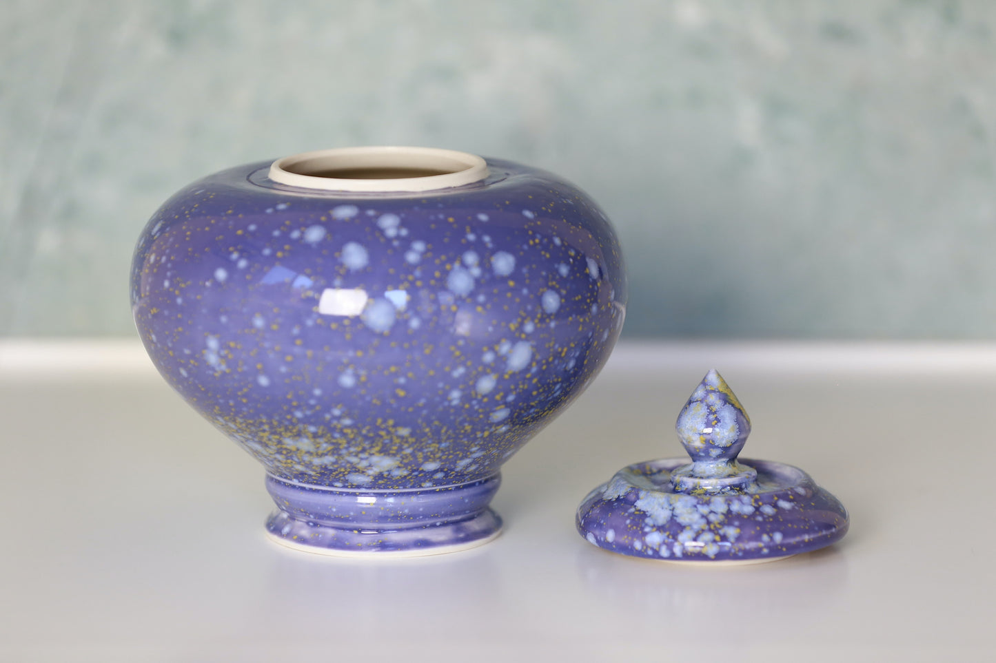 Large Porcelain Jar / Urn in Purple Blue with White Yellow Crystals