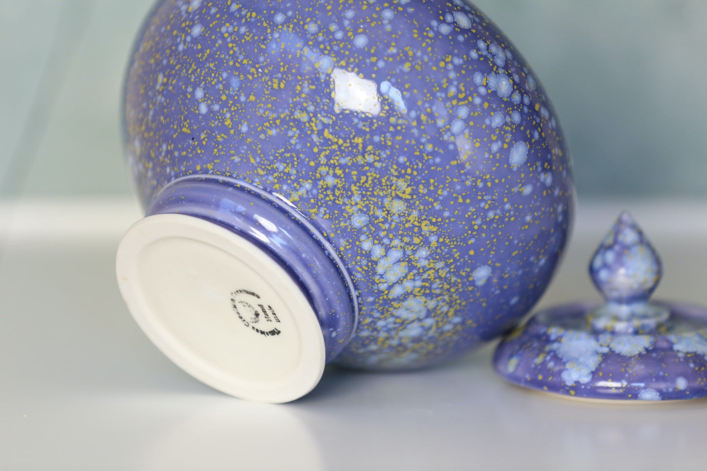 Large Porcelain Jar / Urn in Purple Blue with White Yellow Crystals