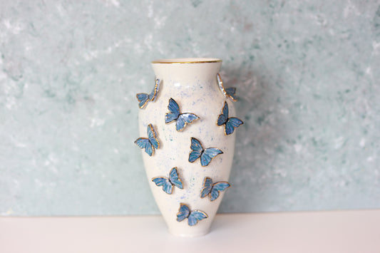 Butterfly porcelain vase with 22 K gold, handmade vase