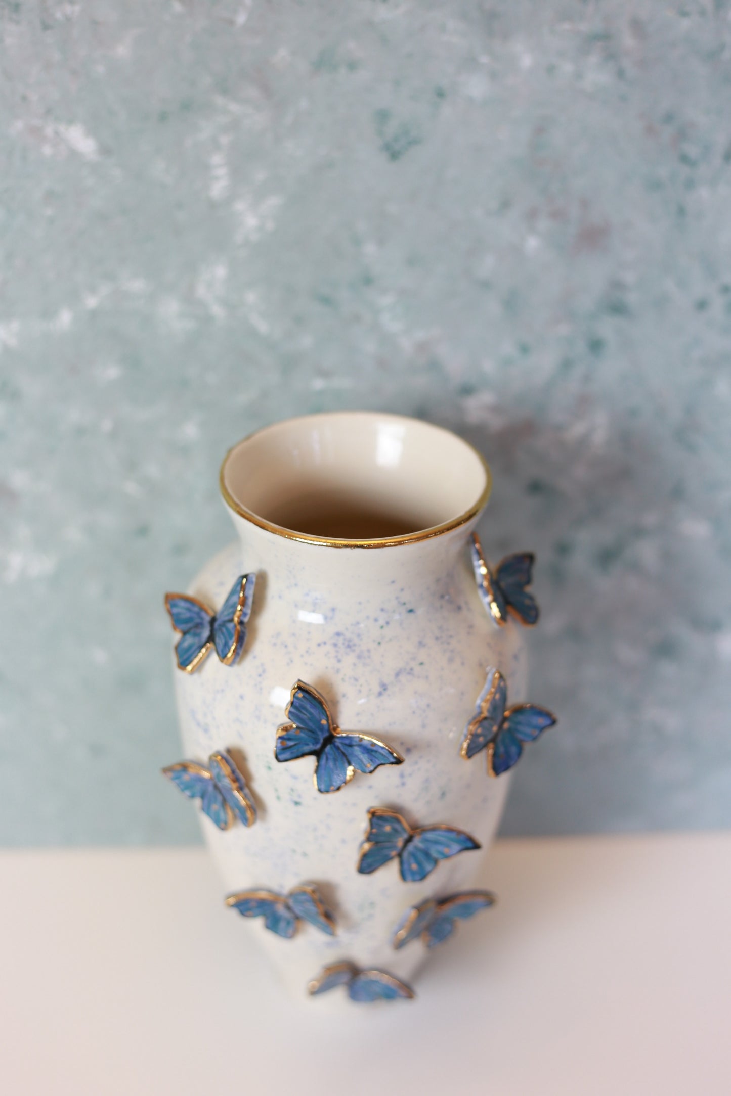 Butterfly porcelain vase with 22 K gold, handmade vase