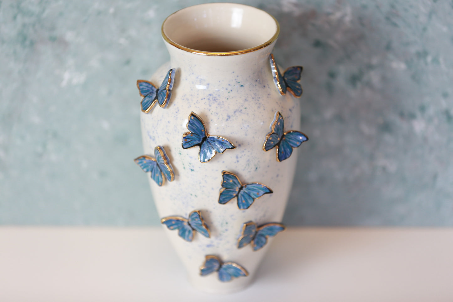 Butterfly porcelain vase with 22 K gold, handmade vase