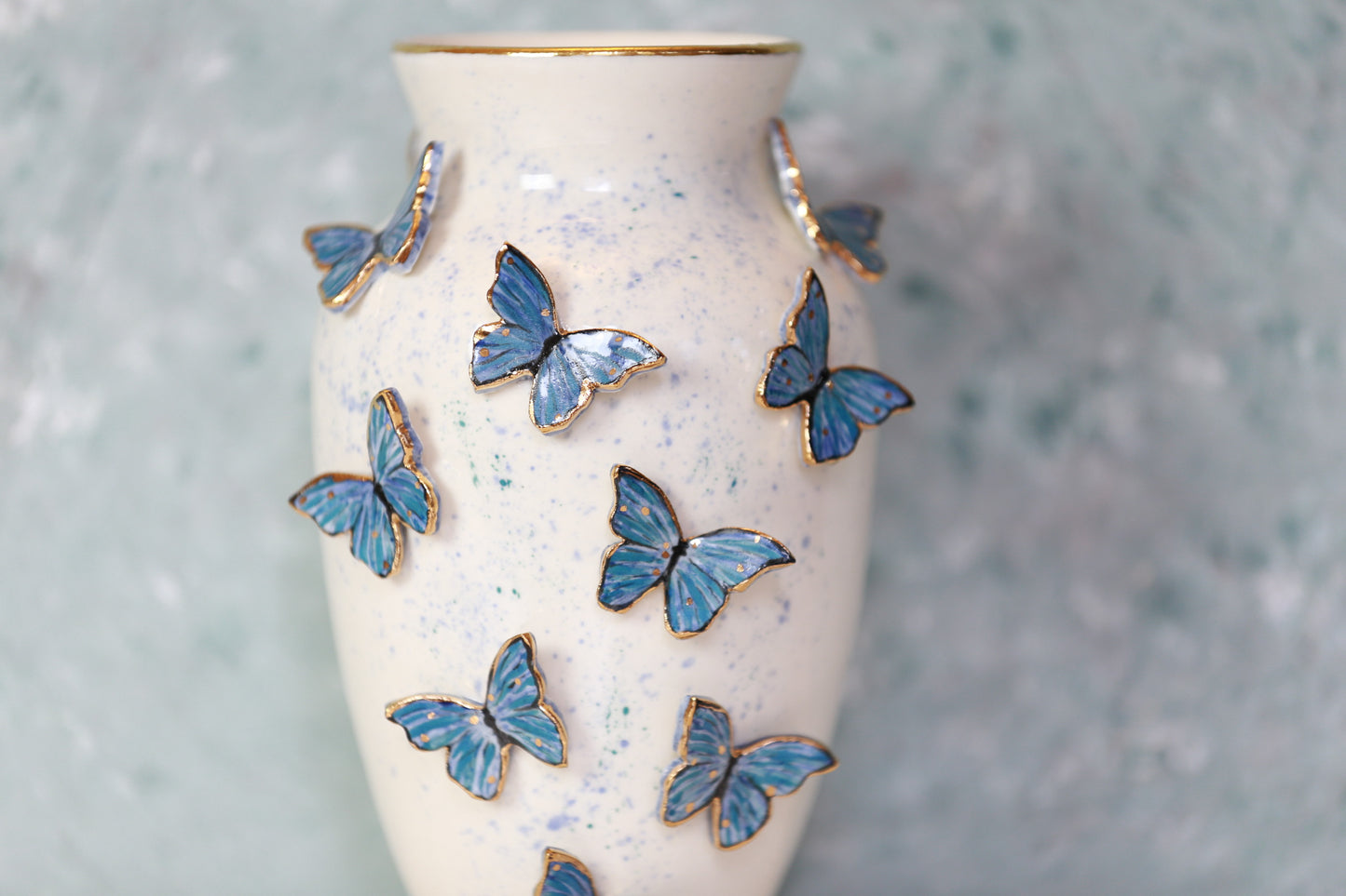 Butterfly porcelain vase with 22 K gold, handmade vase