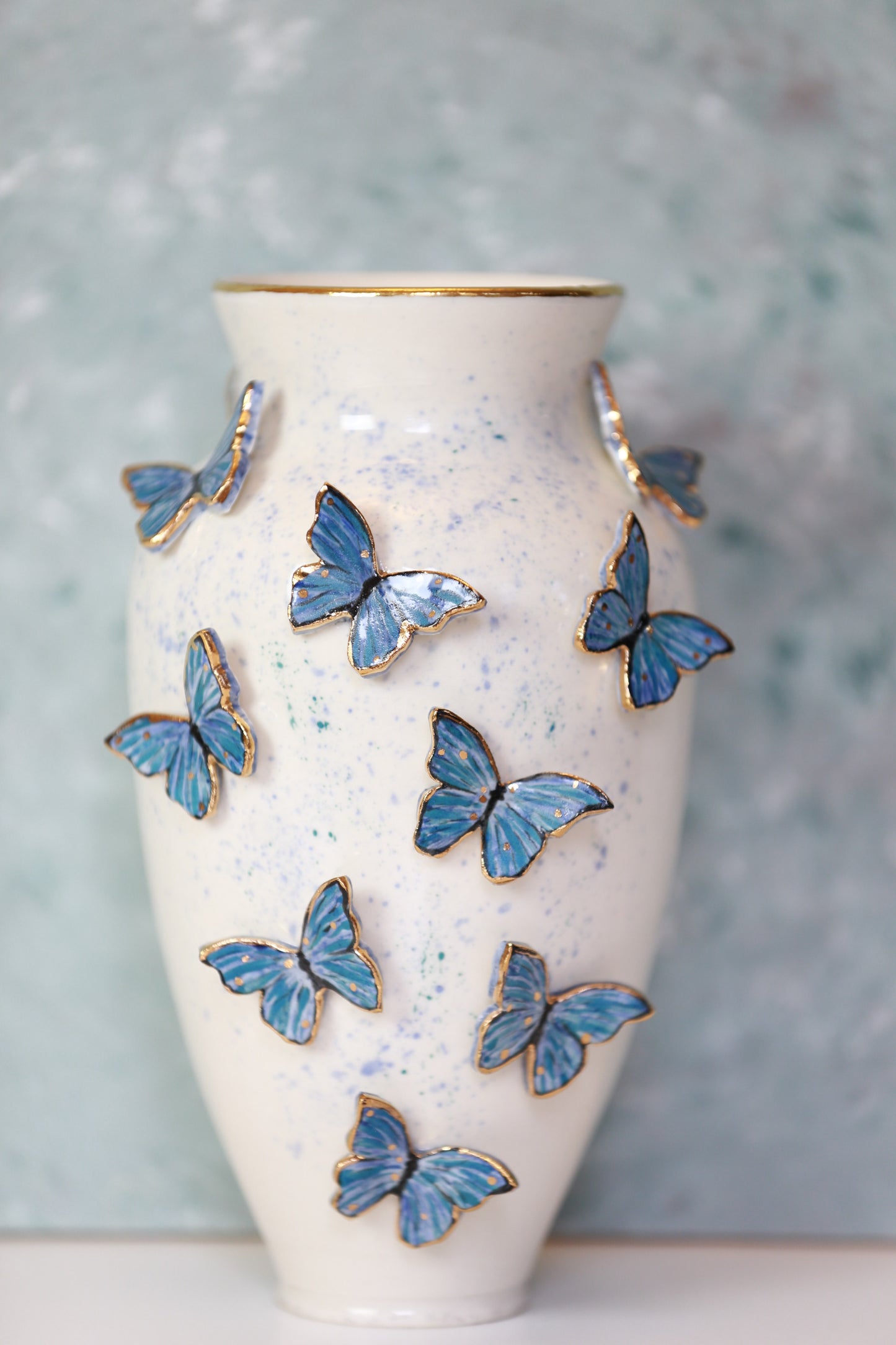 Butterfly porcelain vase with 22 K gold, handmade vase