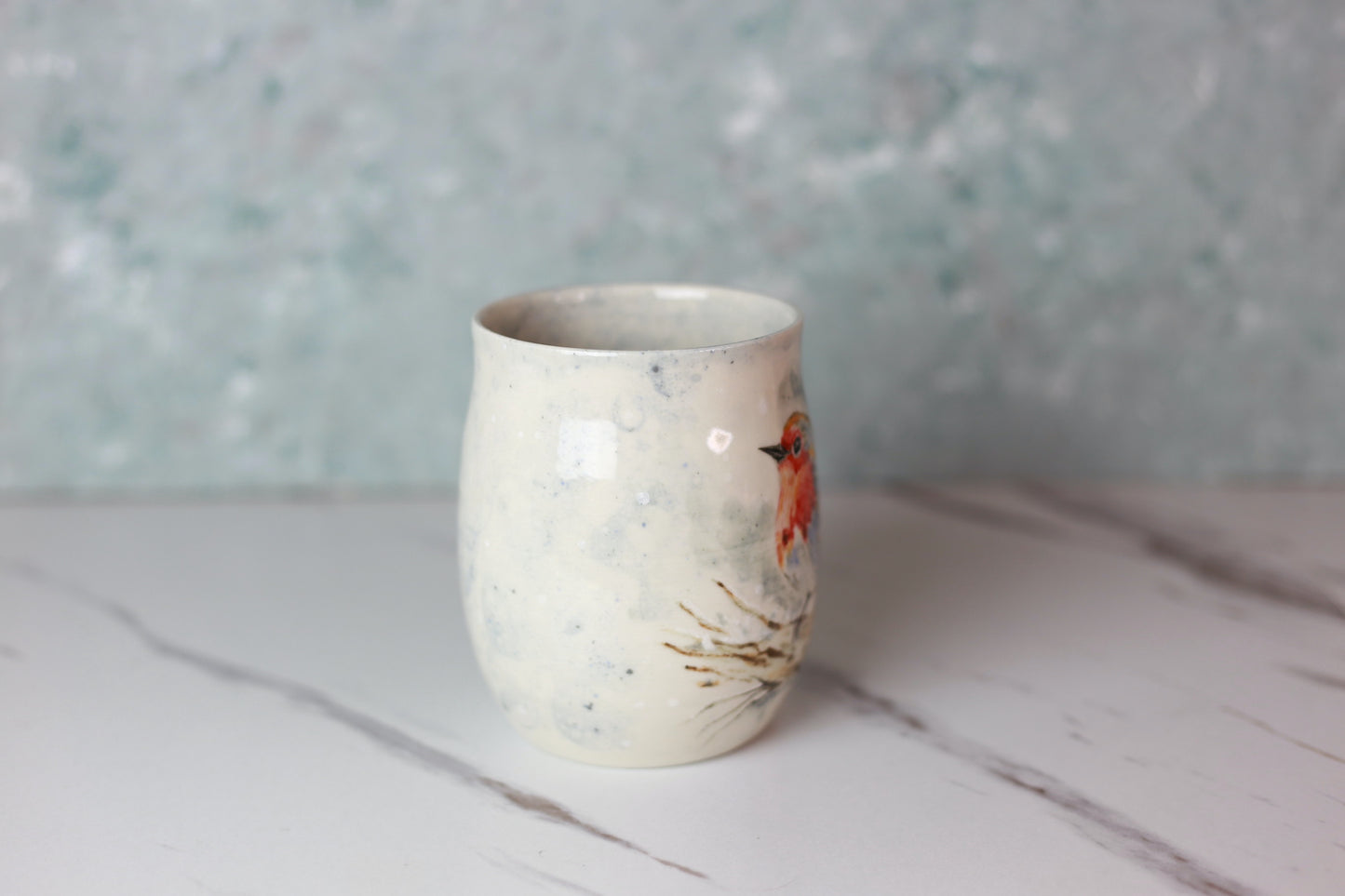 Porcelain mug with Robin bird and Holly tree