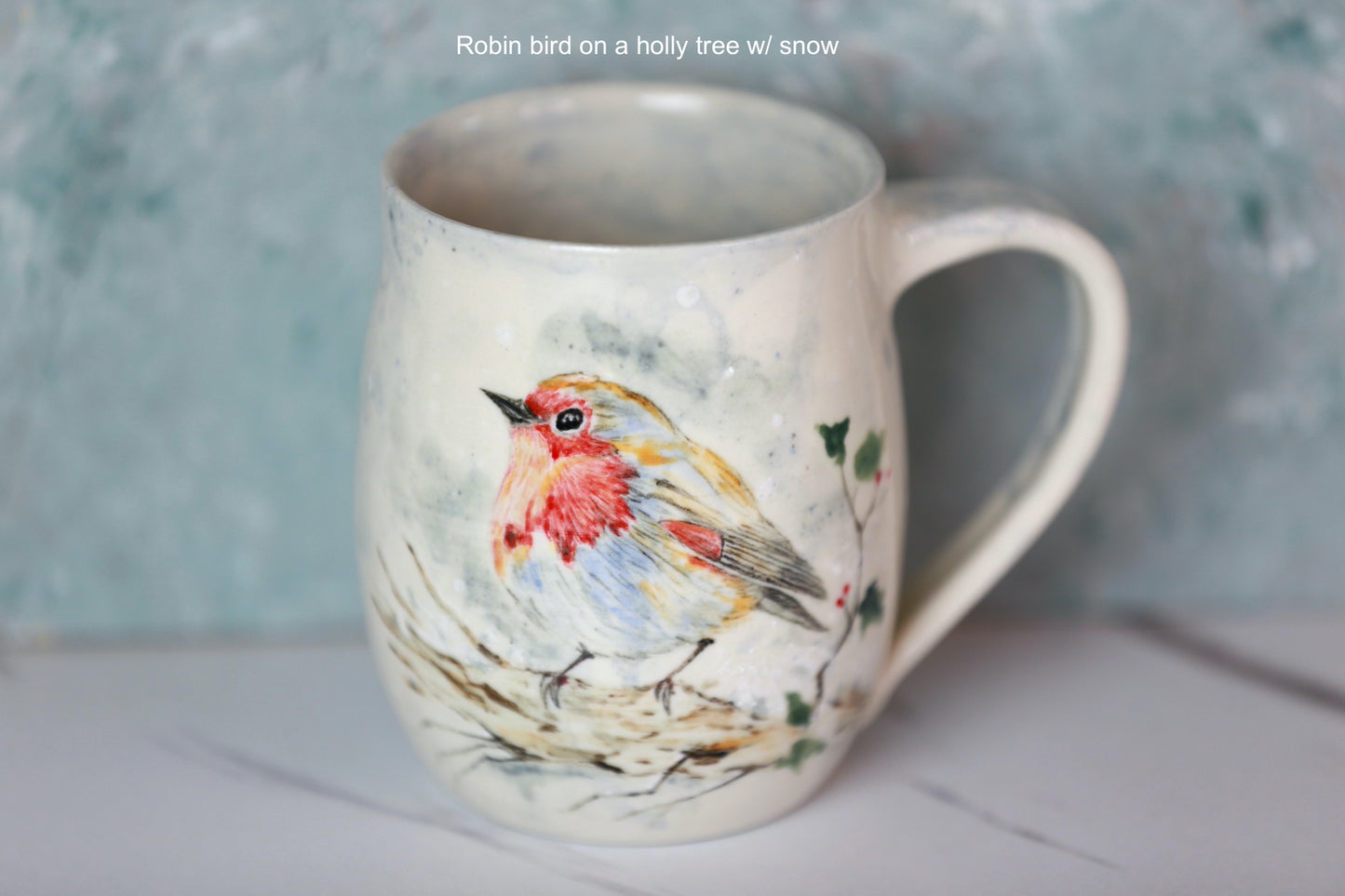 Porcelain mug with Robin bird and Holly tree