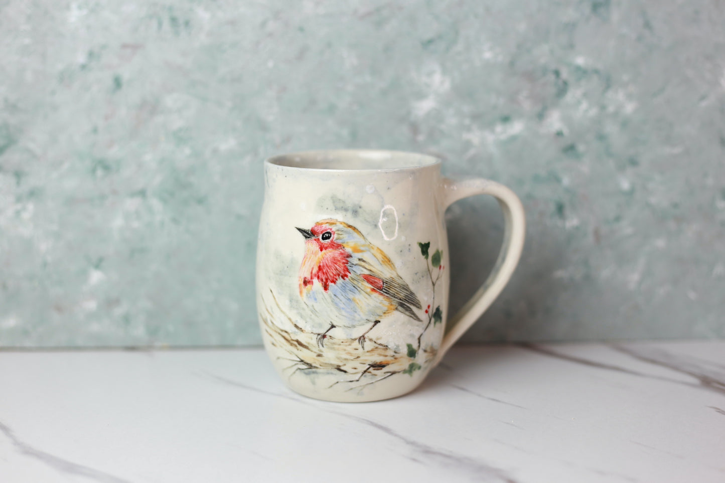 Porcelain mug with Robin bird and Holly tree