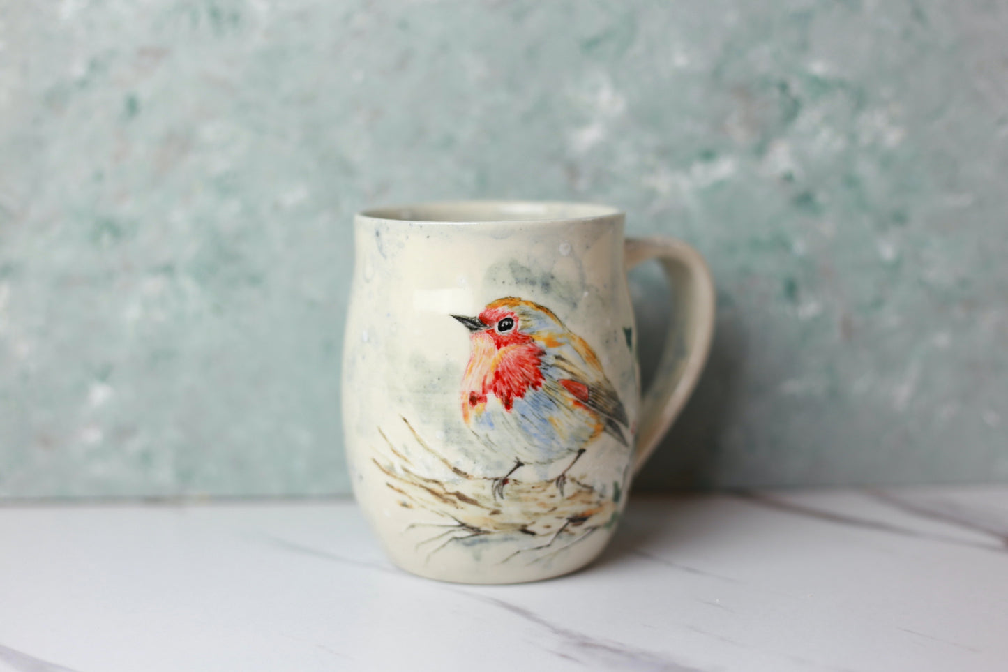 Porcelain mug with Robin bird and Holly tree