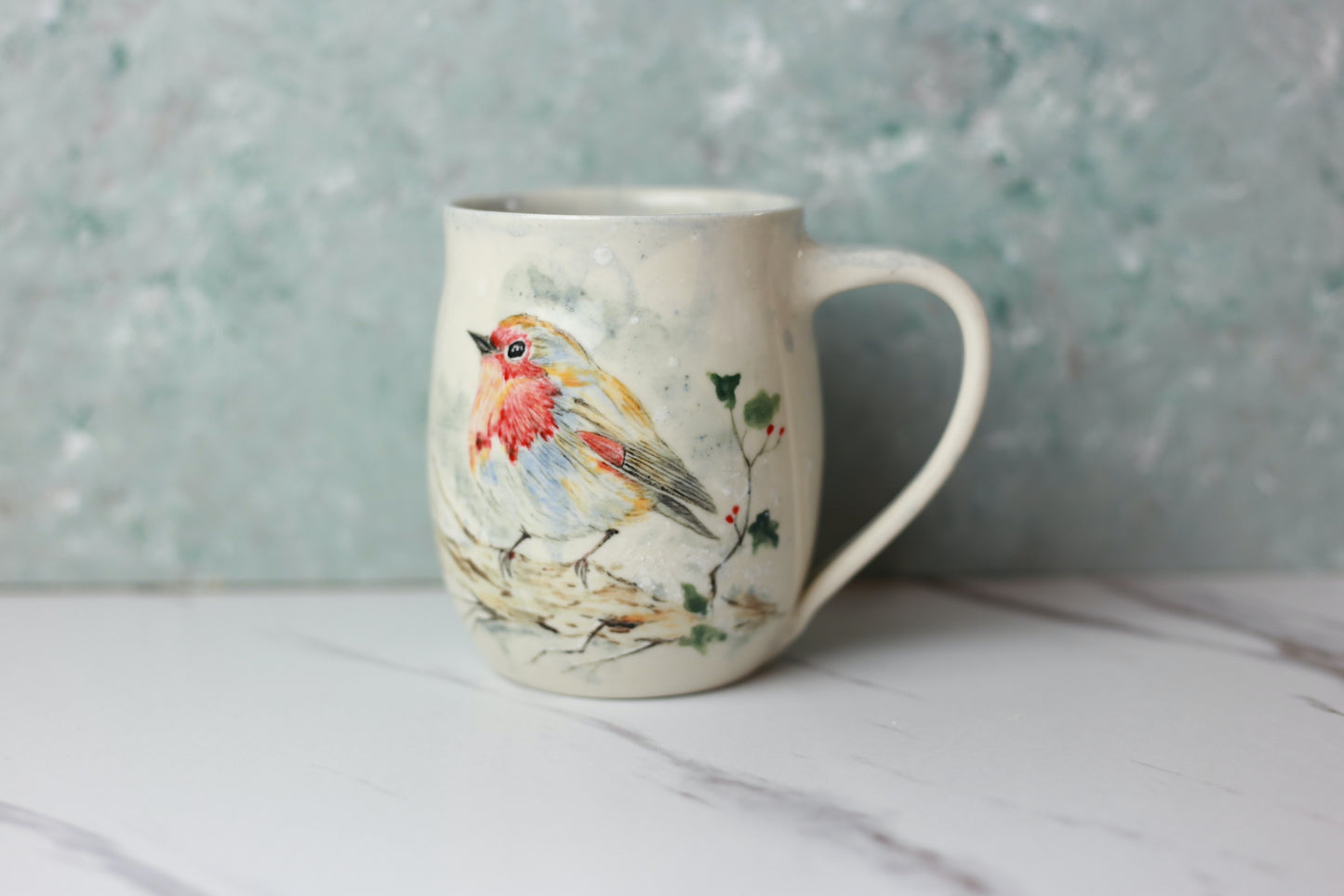 Porcelain mug with Robin bird and Holly tree