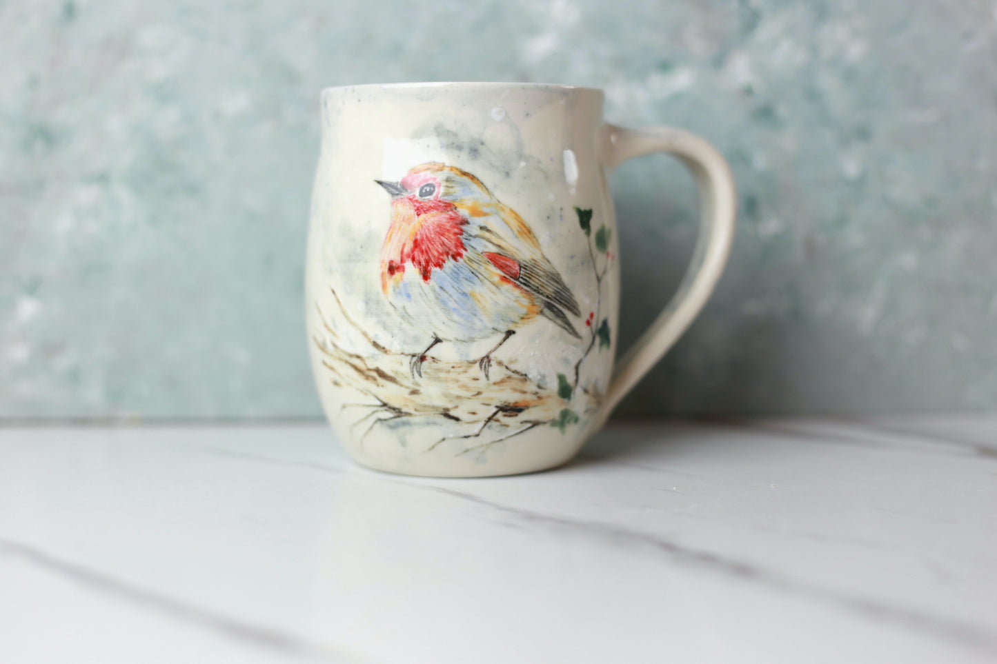 Porcelain mug with Robin bird and Holly tree