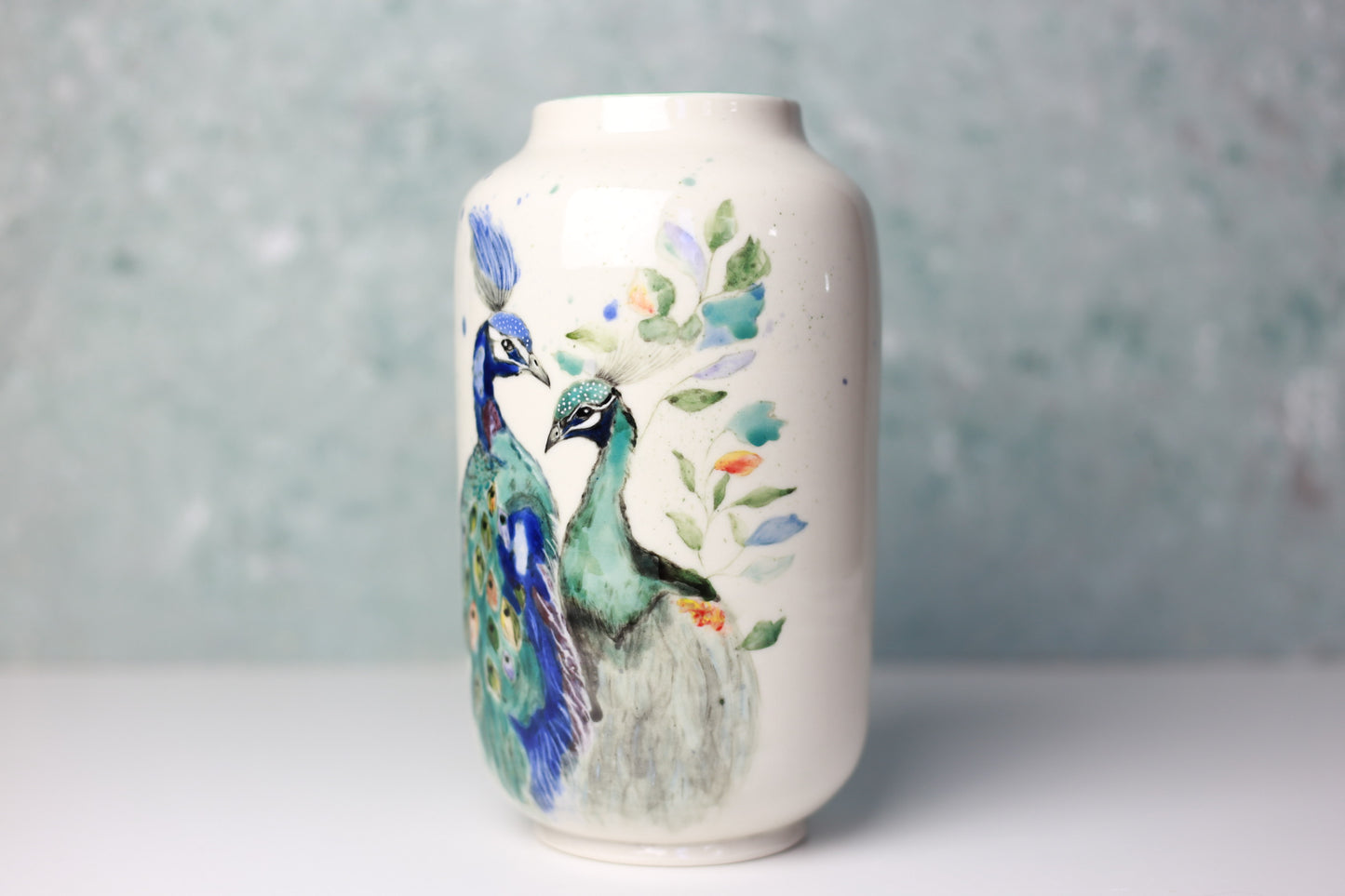 Handmade Peacock Porcelain Vase, Handpainted peacock