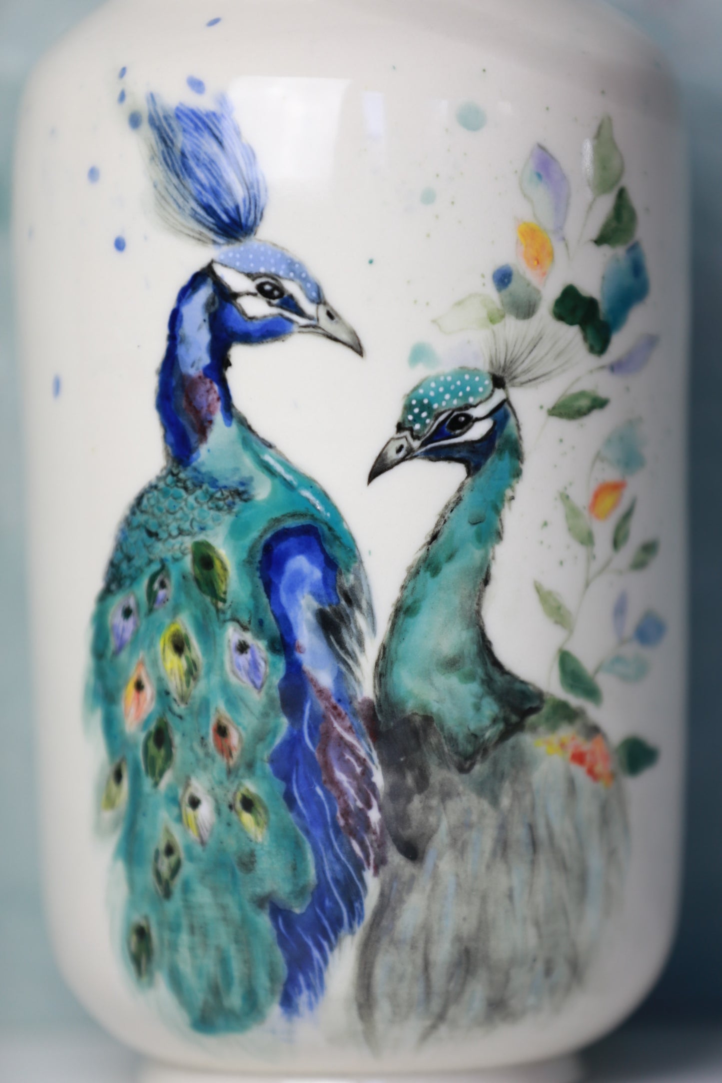 Handmade Peacock Porcelain Vase, Handpainted peacock