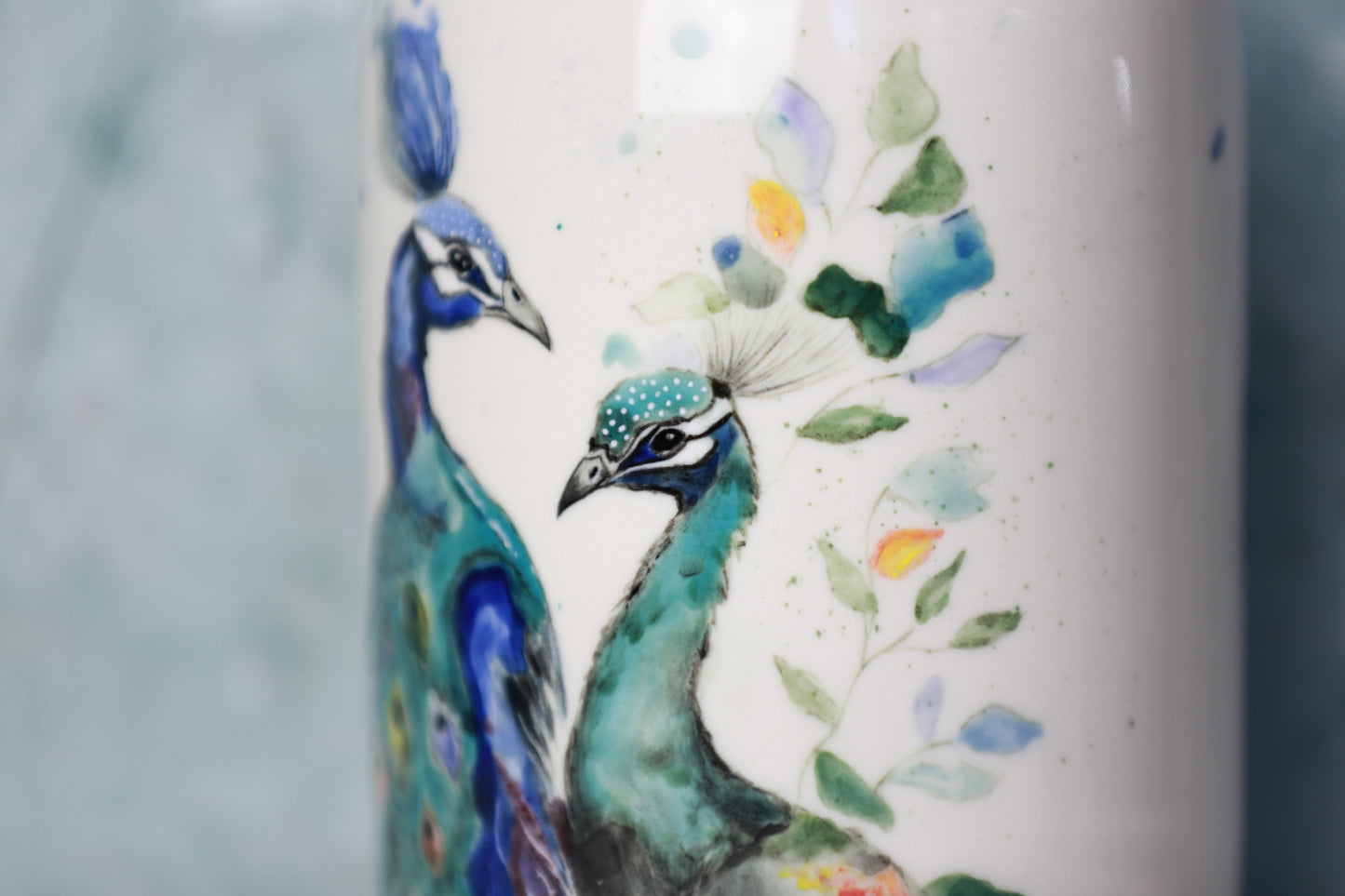 Handmade Peacock Porcelain Vase, Handpainted peacock