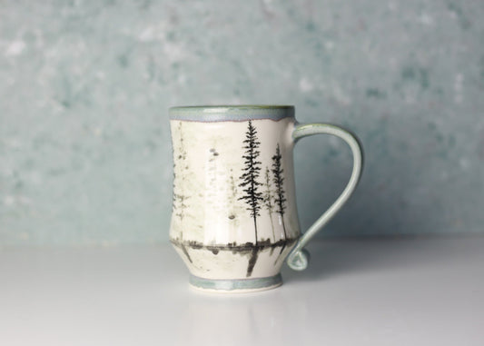 Handmade Porcelain Foggy Forest Mug, Handpainted mug