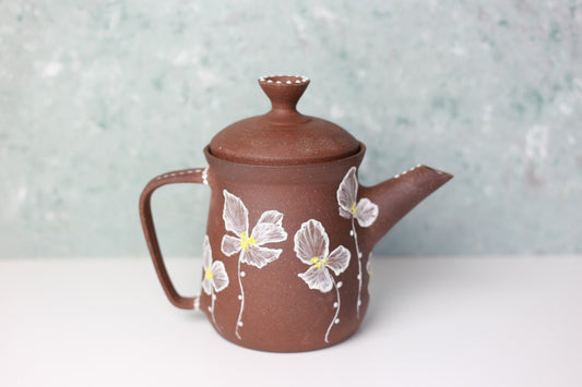 Large Stoneware Teapot with Flowers in Brown and White