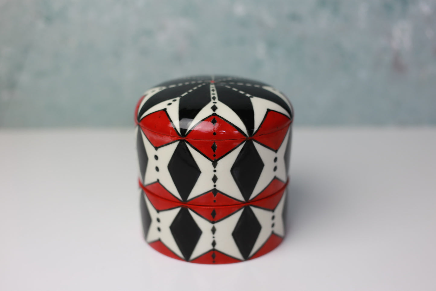 Hand-painted Stackable Porcelain Jar with Red and Black Mandala