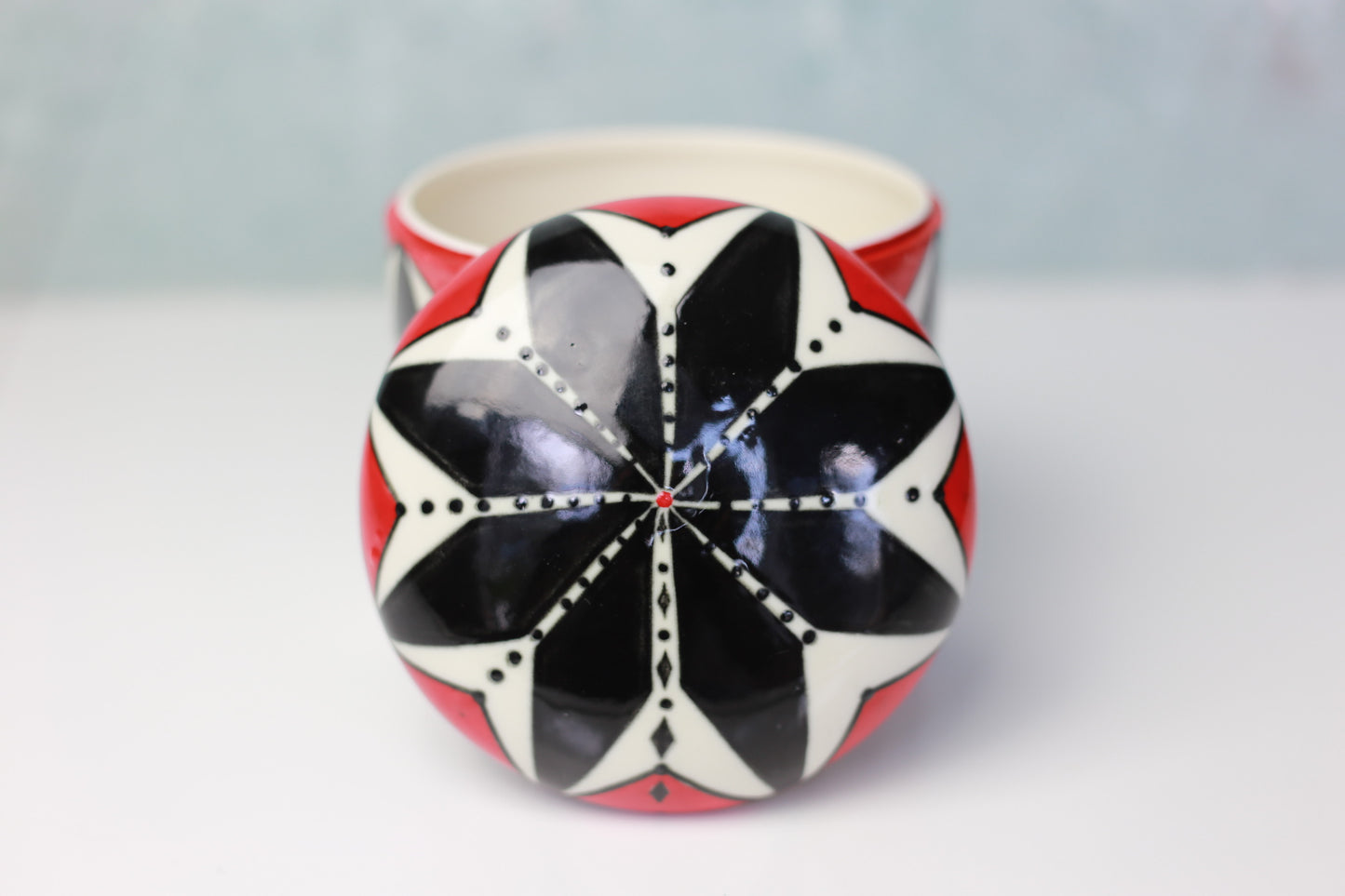 Hand-painted Stackable Porcelain Jar with Red and Black Mandala