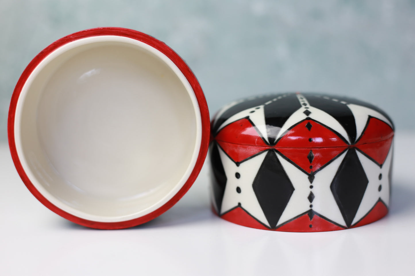 Hand-painted Stackable Porcelain Jar with Red and Black Mandala