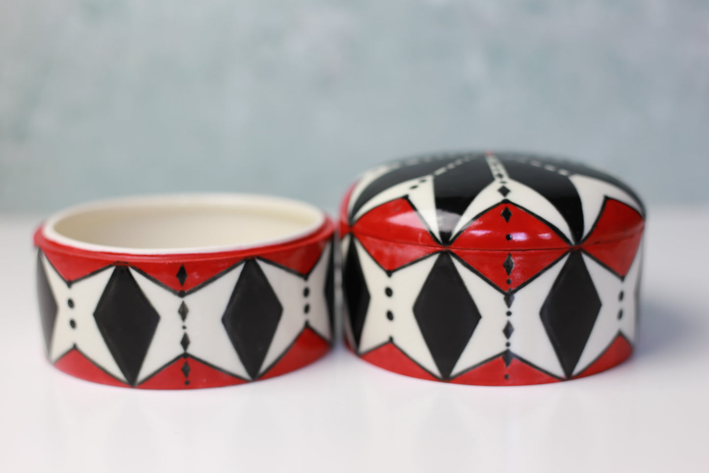 Hand-painted Stackable Porcelain Jar with Red and Black Mandala