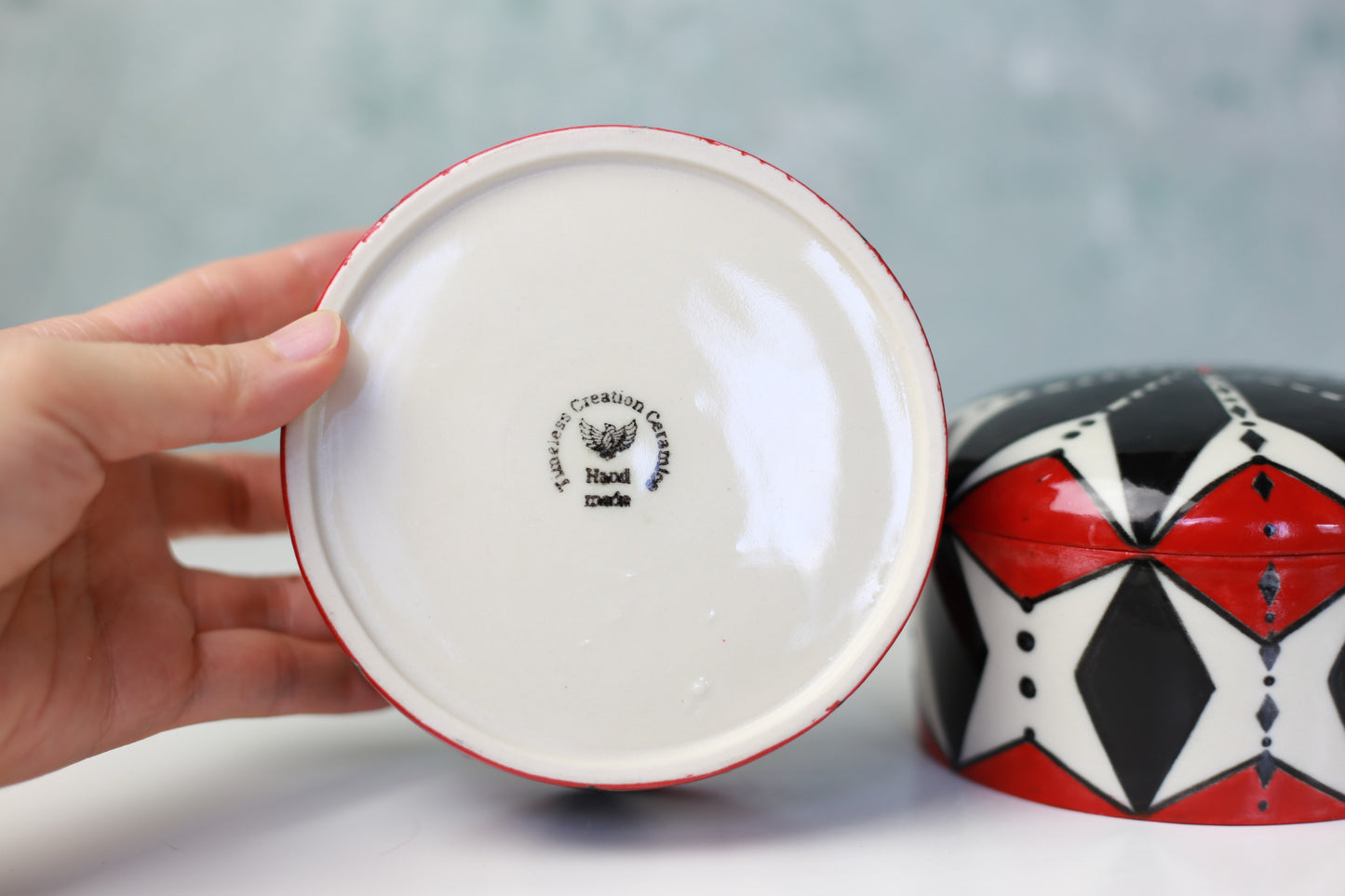 Hand-painted Stackable Porcelain Jar with Red and Black Mandala