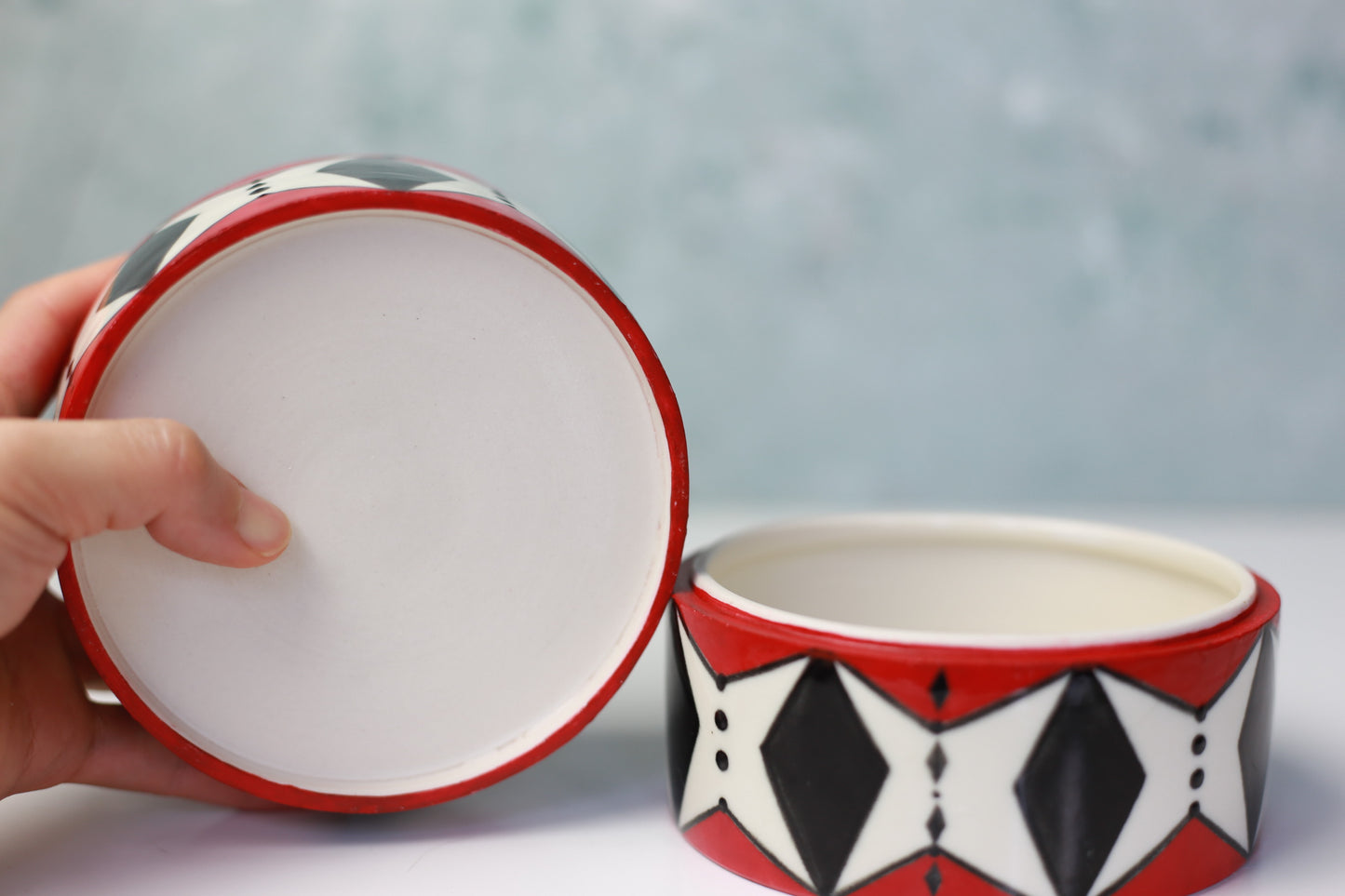 Hand-painted Stackable Porcelain Jar with Red and Black Mandala