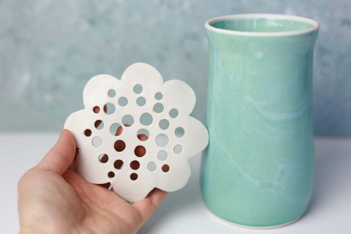 Porcelain Flower Frog Vase in Turquoise