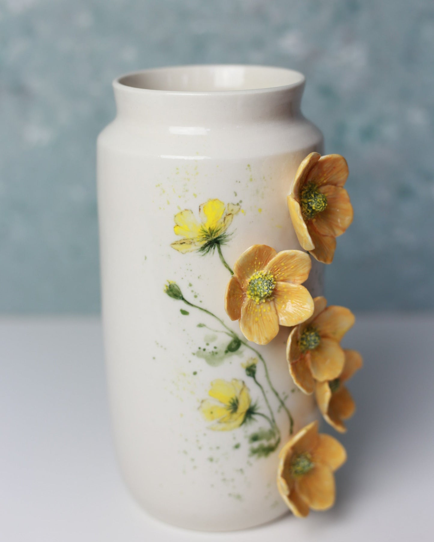 Handmade Porcelain Vase with Buttercup Flowers – Wheel-Thrown, Hand-Painted Ceramic Vase, Unique Pottery Gift, Timeless Floral Home Décor