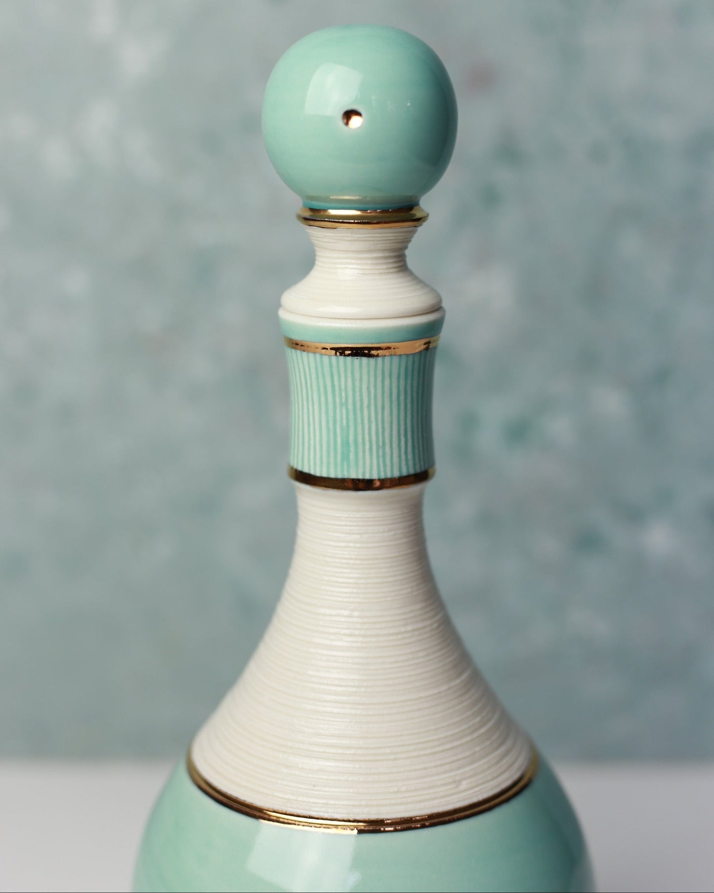 Handmade Porcelain Decanter: Turquoise & 22K Gold Ceramic Bottle