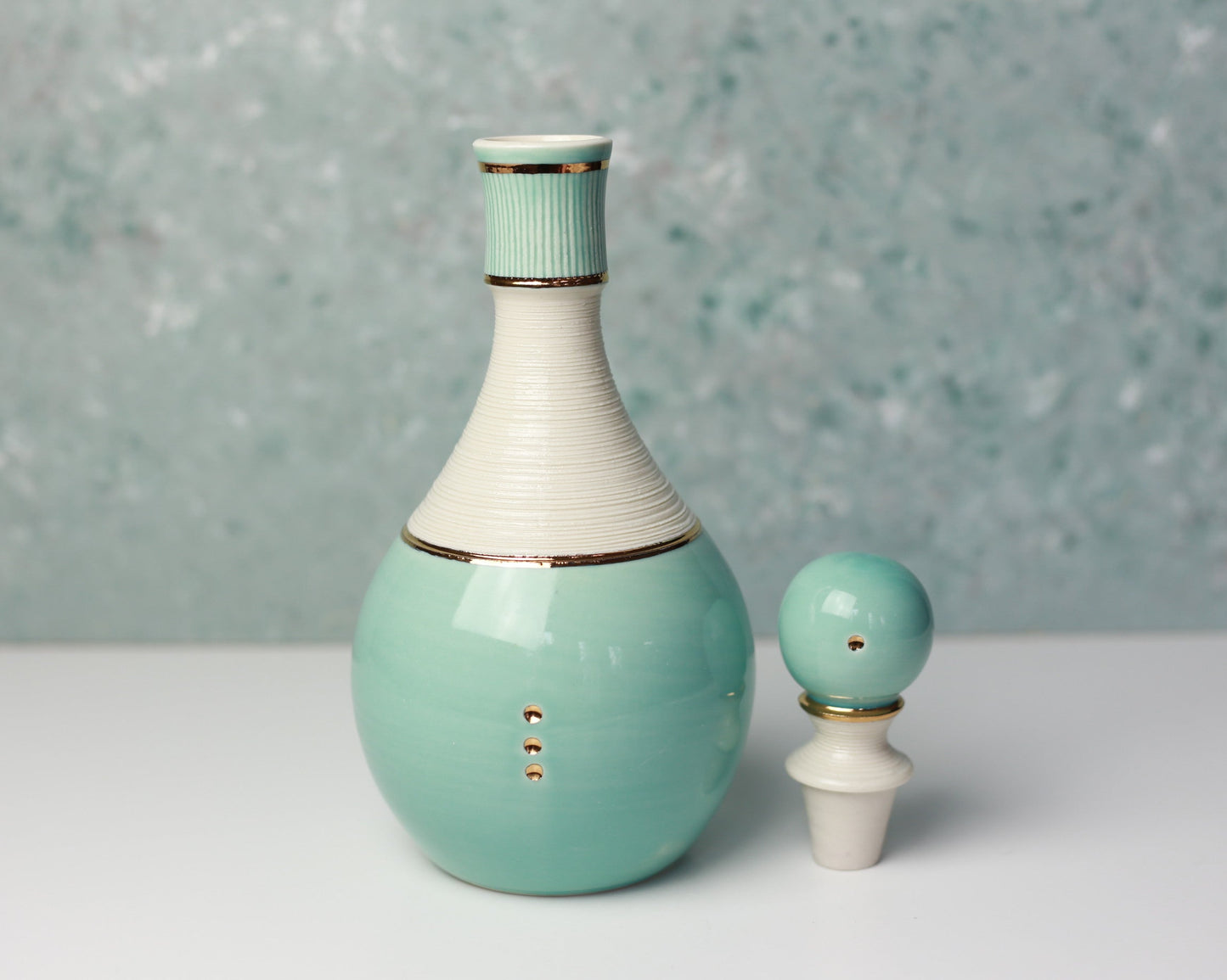 Handmade Porcelain Decanter: Turquoise & 22K Gold Ceramic Bottle